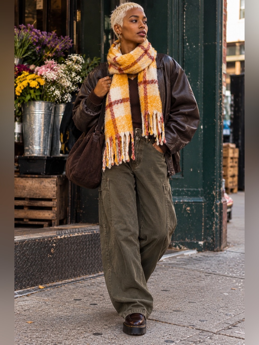 Mango MNG Plaid Scarf Yellow Cream Burgundy Fringe